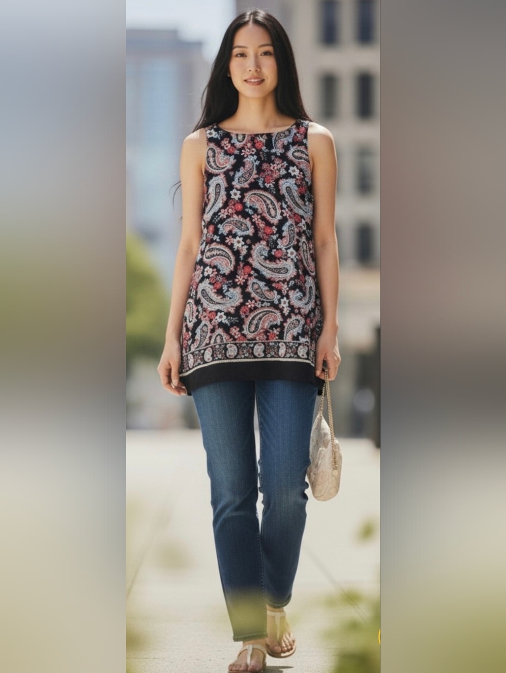 J Jill Black Red Paisley Floral Sleeveless Layered Chiffon Tunic Top M